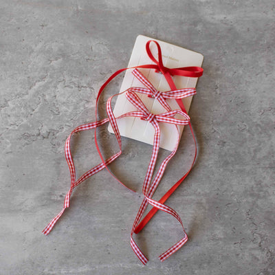 Long Mini Check Pattern Bow Hair Pin Set: Red